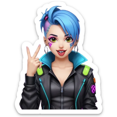 Woman with her tongue out in cyberpunk clothing and giving the middle finger. Looking naughty. sticker