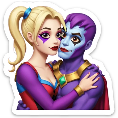 Harley quinn facing thanos, holding him tight while kissing him sticker