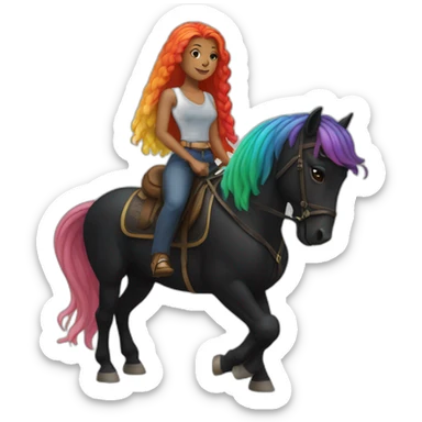 Woman with long log rainbow hair riding a black walking horse sticker
