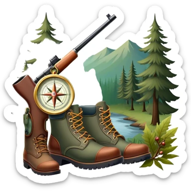Icon for Hunting Tourism: a double-barrelled hunting rifle, hunting boots and a compass on a forest background, with a silhouette of wildlife in the distance. The icon should capture the adventure and connection with nature in hunting tourism. Transparent background. sticker