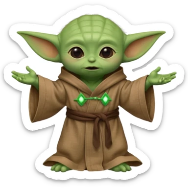 Full-body image of Baby Yoda in his brown linen robes at a music and art workshop sticker