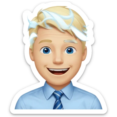 A 27 year old guy with blonde hair and blue eyes that looks masculine. make him wear a shirt with a tie. he is danish. He is laughing extremely hard. More extreme expression sticker