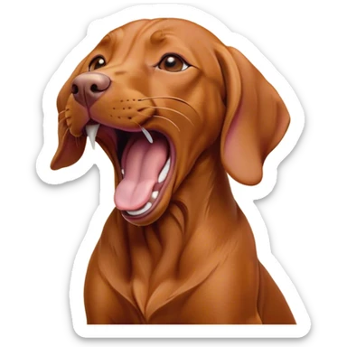 Cinematic Cute Yawning Vizsla Portrait Emoji, Head tilted slightly with a dramatic, wide-open yawn, showcasing a smooth rust and gold Fur with a subtle shimmer, floppy ears slightly drooping, round amber eyes barely open in drowsy contentment, Simplified yet irresistibly adorable features, highly detailed, glowing with a soft, cozy glow, high shine, relaxed yet expressive, stylized with a touch of whimsy, bright and endearing, soft glowing outline, capturing the essence of a sleepy yet affectionate companion, so drowsy it feels like it could stretch out of the screen and curl up for a nap! sticker