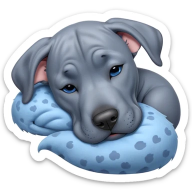Meme-Worthy Cute Sleeping Blue Great Dane Portrait Emoji, Head resting peacefully with a contented smile, showcasing a delightfully massive build and a luxuriously soft blue Fur, eyes shut in a serene nap, Simplified yet hilariously adorable features, highly detailed, glowing with a soft, drowsy light, high shine, relaxed and utterly lovable, stylized with an air of playful laziness, bright and heartwarming, soft glowing outline, capturing the essence of a comically sleepy guardian, so meme-worthy it feels like it could instantly become the next viral sensation of adorable slumber! sticker