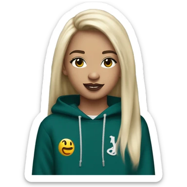 14 year old with long light blonde hair, middle part, chin length curtain bangs, smirking smile, dark teal eyes, long black eyelashes, wears a mulberry hoodie, black leggings, mulberry converse, black pearl earrings, wears a silver cancer sign necklace. sticker