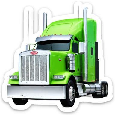 neon green peterbilt semi truck lowered on the ground with large chrome wheels and chrome smoke stacks profile view sticker