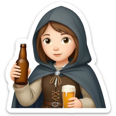 young female medieval pilgrim with cloak and beer bottle sticker