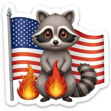 Sad raccoon standing in front of an American flag on fire sticker