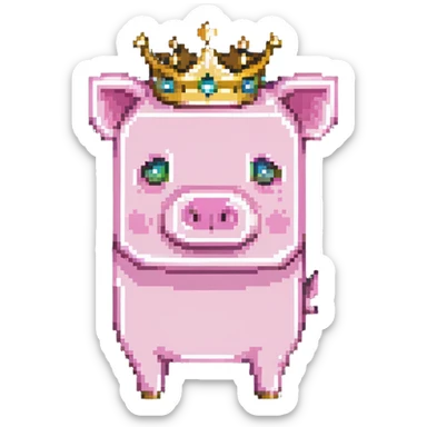full body pink blocky pig with square head and square body wearing a crown sticker