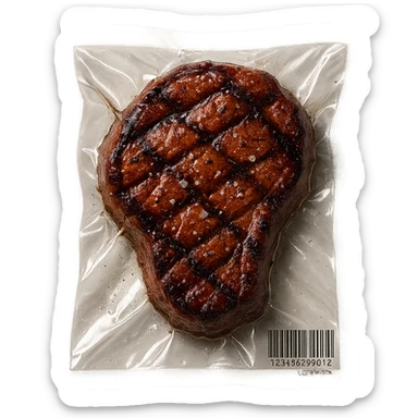 grilled steak with scattered small sparkling crystals, glossy, vacuum-sealed style sticker