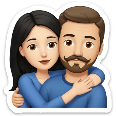 a short white girl with long black hair hugging a tall white guy with brown hair goatee mustache sticker