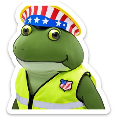 Jennifer Aniston is a construction worker wearing a patriotic dress with a neon yellow safety vest over the dress. she also has a hard hat and a patriotic patch on the vest sticker