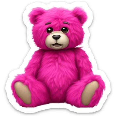Realistic isolated big full length stuffed Teddy Bear made of long fluffy hot pink hair sitting up. sticker