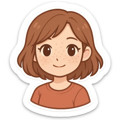 portrait of white woman with freckles, brown shoulder-length hair, chibi style sticker