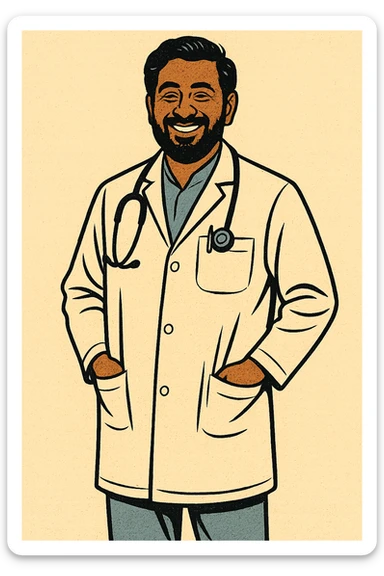 The full body of a male Indian doctor who works as a GP standing with his hands in his pockets and looking happy.  There is a stethoscope around his neck sticker