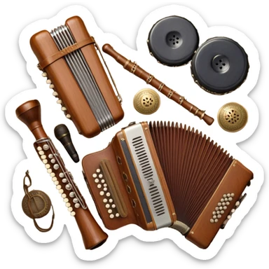 Create a colorful and cultural humanless emoji representing folk singing. The design should feature a collage of traditional folk instruments, such as a wooden flute (dudka), a button accordion (harmon), a set of gusli, and a tambourine (buben), all arranged in a harmonious, flowing design around a vintage microphone. The instruments should have earthy, natural tones like wood browns, brass accents, and vibrant colors reflecting their folk origins. Add subtle musical notes to tie the elements together, symbolizing the power of folk music. The background should be transparent. sticker