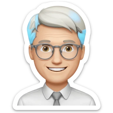 30 yr old pale white man, white/grey side swept stylish hair, round glasses, big smile, white teeth, handsome, longer hair, thin glasses, white dress shirt, smooth forhead sticker