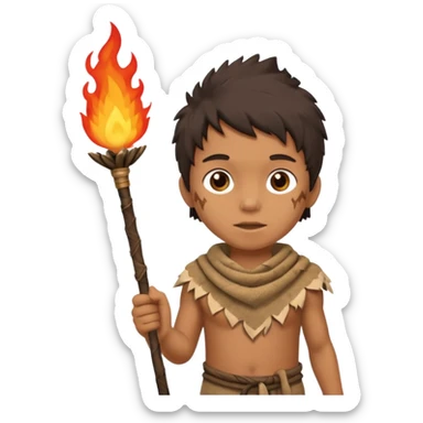 ancient boy, tattered animal skin cloth, hold fire stick sticker
