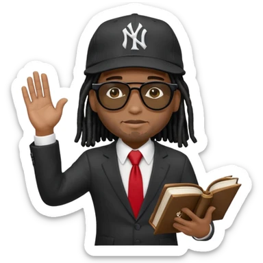 African American man with shoulder length black dreadlocks wearing black sunglasses wearing a New York Yankees logo baseball cap wearing a black suit with white shirt and red tie with a Bible in right hand with left hand raise out sticker