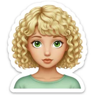 Beautiful girl, blonde hair, curly hair, short hair, with bangs, tan skin, green eyes sticker