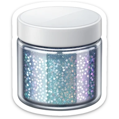 silver glitter in a small clear circular container with white lid sticker