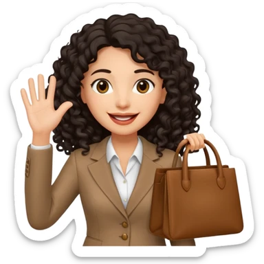 medium deep tan brown business woman with long black curly hair, waving hand with happy face with smile mouth and carrying bag on her shoulder sticker
