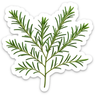 Cinematic Realistic Rosemary Emoji, Fragrant and fresh, with slender green stems covered in needle-like leaves, which release a distinctive herbal scent. The plant seems to exude energy, with soft sprigs of leaves stretching upwards. Soft glowing outline, capturing the essence of earthy healing and aromatic delight in a sprig of rosemary! sticker