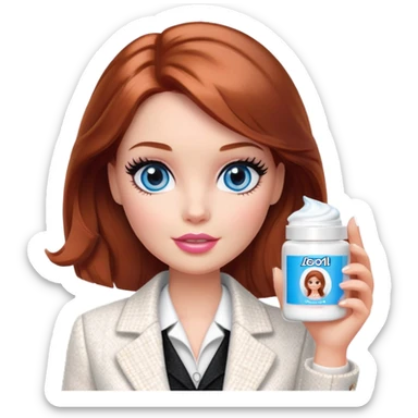 A Barbie girl with blue eyes, shoulder-length reddish-brown hair with makeup, wearing a white tweed jacket and a black skirt, holds a face cream in her hand sticker