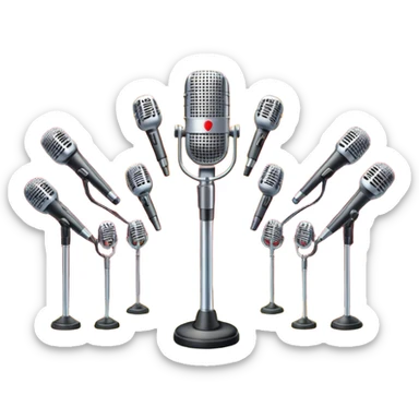 Create a vibrant and dynamic emoji that represents choral vocal performance. The design should feature 10 vintage stage microphones arranged in a semi-circle on a concert stage, symbolizing a vocal group or choir. Add musical notes flowing around the microphones to represent harmony and unity in the performance. Include concert lighting and a celebratory atmosphere to convey the excitement of live music. Use bright, bold colors like red, gold, and silver to emphasize the energy and glamour of the stage. The background should be transparent. sticker