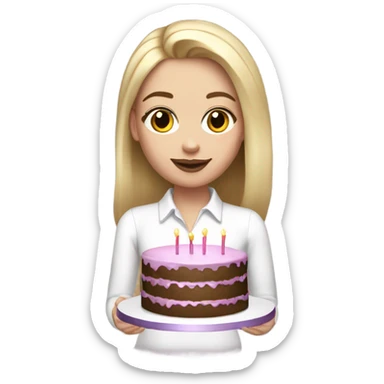 White girl with blonde straight hair, mauve lips, white shirt, birthday cake in hands sticker