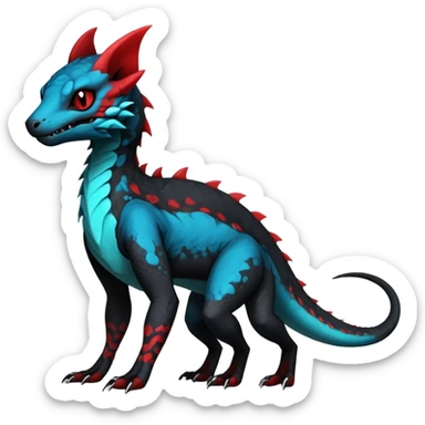 Rare realistic exotic edgy dark gothic gloomy spooky black and red/blue/cyan epic pretty beautiful handsome gorgeous aesthetic colorful vibrant Vernid-Trico-species-Fakemon-Salandit-hybrid-creature by LiLaiRa, 4 legs, 1 tail, random markings, (full body) sticker