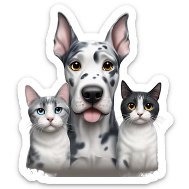 Blue Merle Great Dane with two tabby cats and one black cat sticker