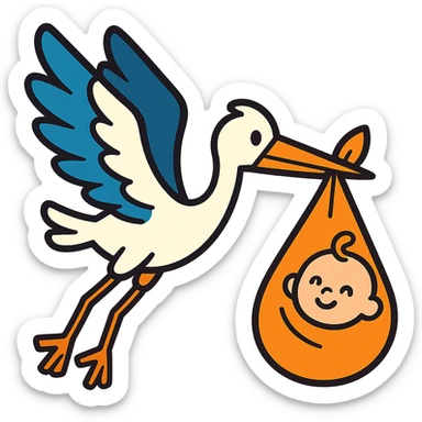 stork flying with a human baby in a bundle, vibrant toon style sticker