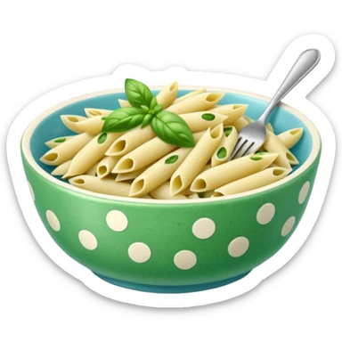 green pesto penne pasta in a light blue polka dot bowl sticker