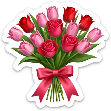 Create an bouquet with red and pink roses and tulips inside a white flower bouquet with red ribbon around it sticker