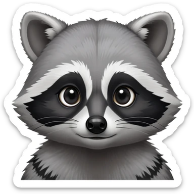 Cinematic-Noble-Raccoon-Portrait-Emoji – Poised and confident, with a sturdy build and a beautifully textured fur of silver-grey accented by dark black facial markings, deep-set, large big black eyes revealing no white, simplified yet sharp and sophisticated zoom out to show shoulders sticker
