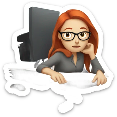 red hair woman nutritionist wearing glasses sleeping desk monitor stack paper sticker