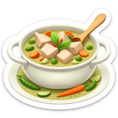 Green Chicken Curry Cinematic Realistic Green Chicken Curry Dish Emoji, depicted as tender chicken chunks simmered in a fragrant green curry sauce with vegetables, rendered with vivid textures and dynamic, vibrant lighting. sticker