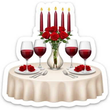  romantic table set for two with roses in a vase of water and 2 glasses of red wine sticker