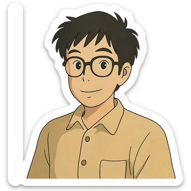 asian nerdy man with glasses, ghibli style sticker