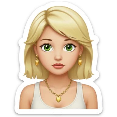 Girl with green eyes, blonde slightly wavy hair, sideswept bangs, darker roots, white but a bit tan, wearing white tank top, golden necklace and gold earrings, rosy cheeks and blushed lips sticker