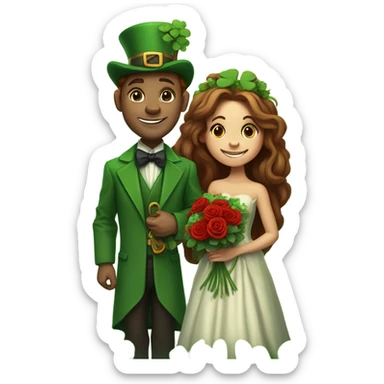 A tiny leprechaun giving red roses and clovers to a much taller brown haired queen sticker