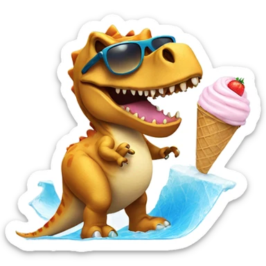 Dinosaur surfing eating ice cream with sunglasses sticker
