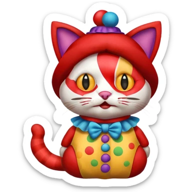 a teddy bear emoji but instead of being a bear it's a cat with a clown costume sticker