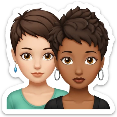 white woman brunette with a pixie hairstyle and black woman with locks and a piercing on the nose sticker