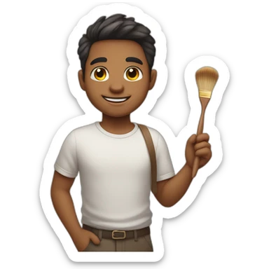 A cute brother with a round face and slightly droopy eyes, smiling with a colored brush in his hand. sticker