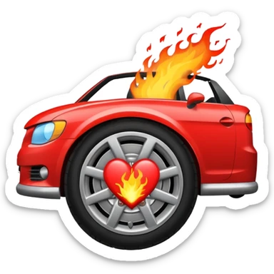 a car wheel on fire, sparks flying from underneath, and a red heart in the center of the wheel sticker