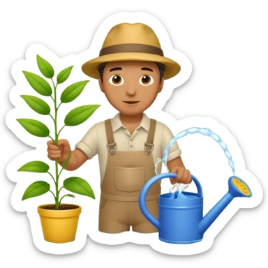 man pouring water onto a green plant,  with a watering can in hand,  sticker