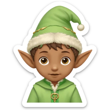 Tiny elf baby brown skin with pointy ears and hat, pastel green outfit,  sticker
