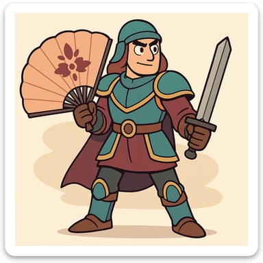 a CNFans warrior, holding a large decorative fan as a shield, stylized armor, confident stance, modern cartoon style sticker
